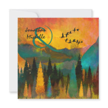 美しい山の夕日、木々と結婚鳥