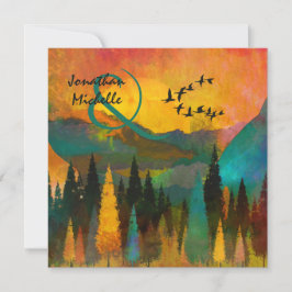 美しい山の夕日、木々と結婚鳥 招待状