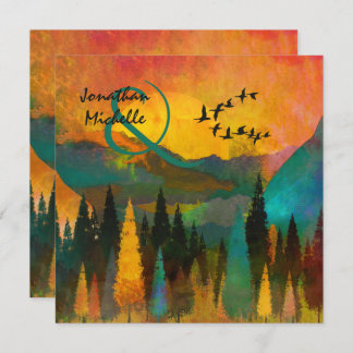 美しい山の夕日、木々と結婚鳥 招待状