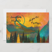 美しい山の夕焼け、木々と鳥の結婚式 招待状 (正面)