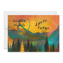 美しい山の夕焼け、木々と鳥の結婚式