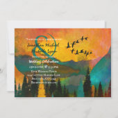 美しい山の夕焼け、木々と鳥の結婚式 招待状 (裏面)