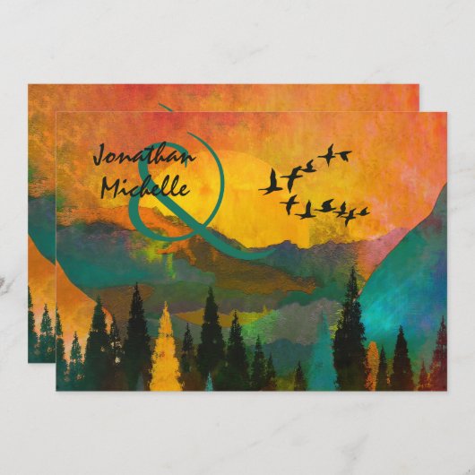美しい山の夕焼け、木々と鳥の結婚式 招待状 (正面/裏面)