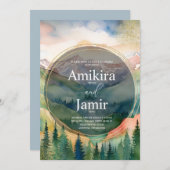 美しい山の水彩グリッターウェディング 招待状 (正面/裏面)