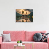 美しい山の湖の夕べ写真 キャンバスプリント (インサイチュ (リビング))