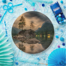 美しい山の湖の夕べ写真 ペーパープレート