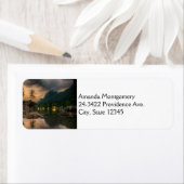 美しい山の湖の夕べ写真 ラベル (インサイチュ)