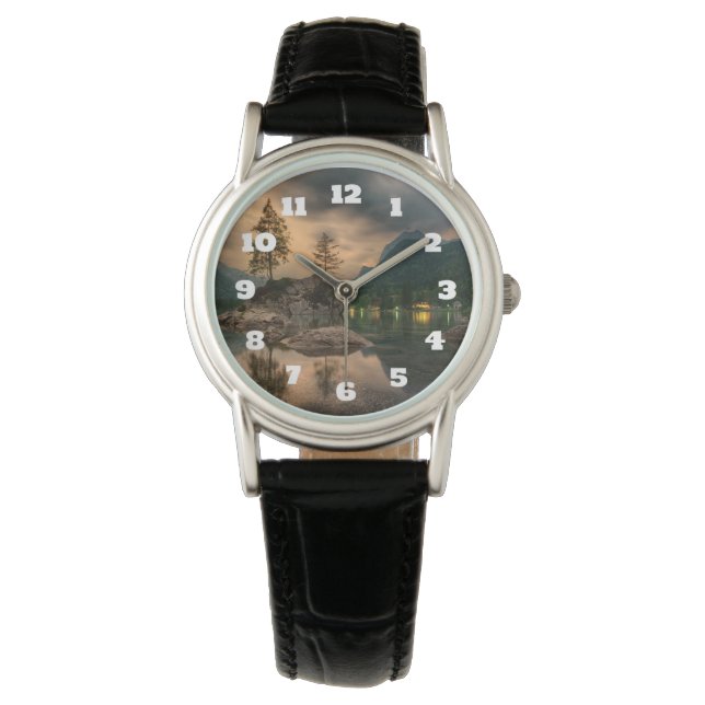 美しい山の湖の夕べ写真 腕時計 (正面)