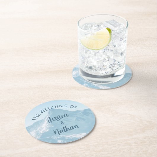 美しい山写真冬の結婚式 ラウンドペーパーコースター (インサイチュ)