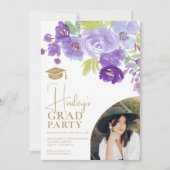 美しい庭園のパープルラベンダー花の卒業式 招待状 (正面)