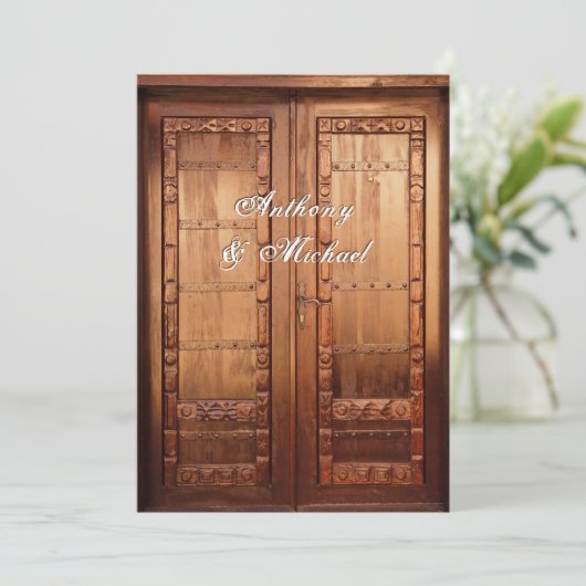 美しい彫刻された木製のドア結婚式招待状 招待状 (スタンド正面)