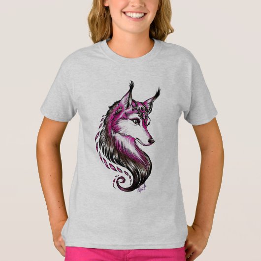 美しい手描きのオオカミの芸術の女の子のTシャツ Tシャツ (正面)