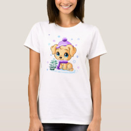美しい手描きの冬犬の女性のワイシャツ Tシャツ