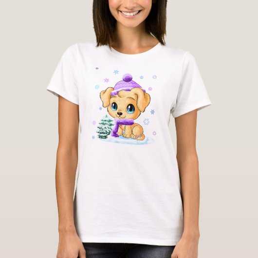 美しい手描きの冬犬の女性のワイシャツ Tシャツ (正面)