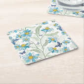 美しい手描きパステルブルーフローラルパターン スクエアペーパーコースター (アングル)