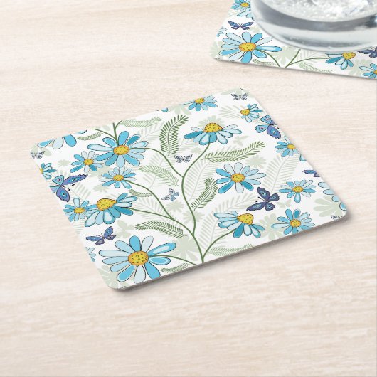 美しい手描きパステルブルーフローラルパターン スクエアペーパーコースター (アングル)