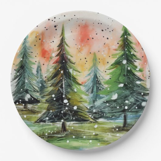 美しい抽象芸術クリスマスツリーズ白熱［赤熱］光を放つスカイ ペーパープレート (正面)
