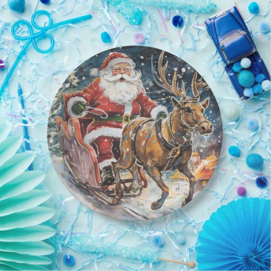 美しい抽象芸術サンタとトナカイが大急ぎ ペーパープレート (パーティー)