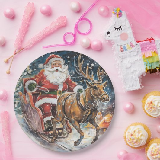 美しい抽象芸術サンタとトナカイが大急ぎ ペーパープレート (パーティー)