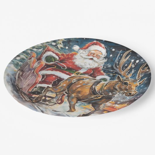 美しい抽象芸術サンタとトナカイが大急ぎ ペーパープレート (アングル)
