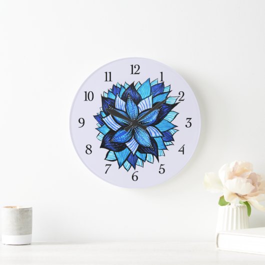 美しい抽象芸術ブルーフラワーインクスケッチ ラージ壁時計 (ホーム)