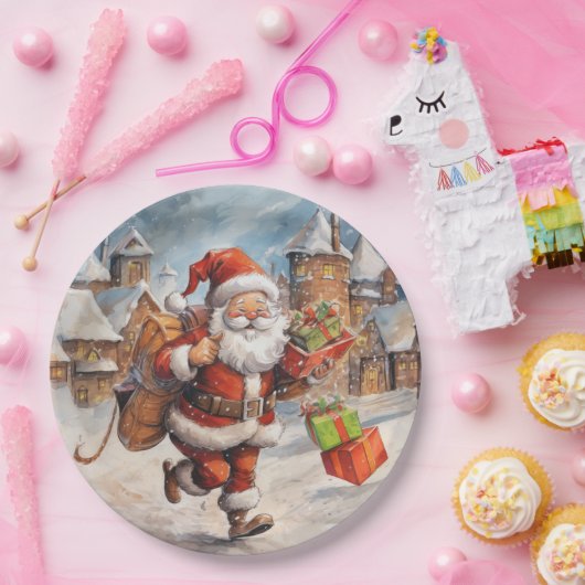 美しい抽象芸術走のサンタクロースの贈り物 ペーパープレート (パーティー)