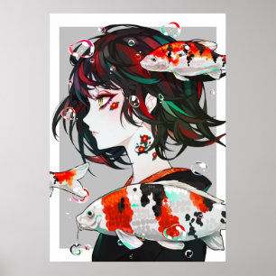 美しい描アート – Anime Girl with Anime Fish ポスター