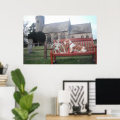 美しい教会を訪れるバセット・ハウンドのポスター ポスター (ホームオフィス)