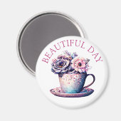 美しい日かわいらしヴィンテージティーカップの花 マグネット (正面/裏面)
