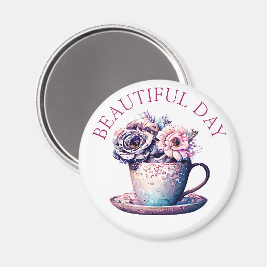 美しい日かわいらしヴィンテージティーカップの花 マグネット (正面/裏面)