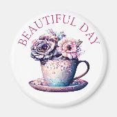 美しい日かわいらしヴィンテージティーカップの花 マグネット (正面)