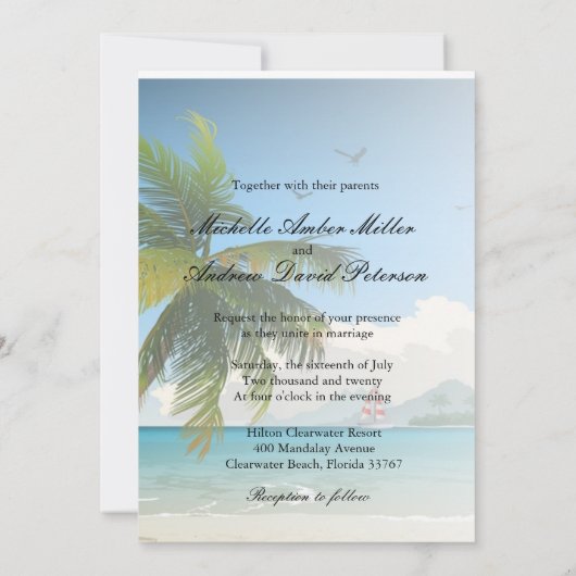 美しい日か熱帯島のビーチ結婚式の招待 招待状 (裏面)