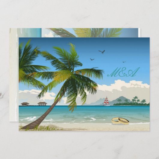 美しい日か熱帯島のビーチ結婚式の招待 招待状 (正面/裏面)