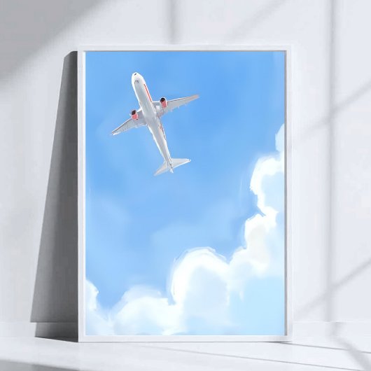 美しい日の青空雲飛行機水彩画 ポスター