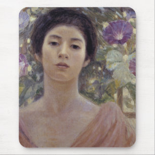 美しい日本の女性と朝顔の花 マウスパッド