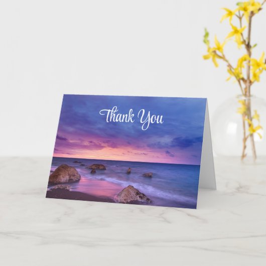 美しい日没の海岸写真ありがとう カード (黄色い花)