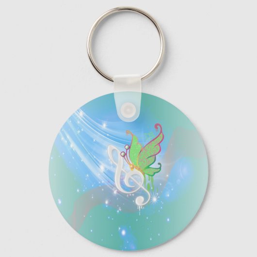 美しい明るいカッコいい白い音楽ノート蝶 キーホルダー (正面)