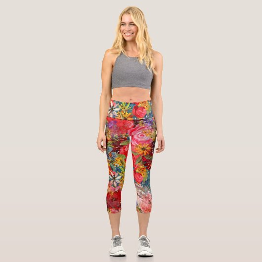 美しい明るいカラフル抽象芸術花のパターン カプリレギンス (正面)