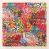 美しい明るいカラフル抽象芸術花のパターン ガラスコースター (正面)