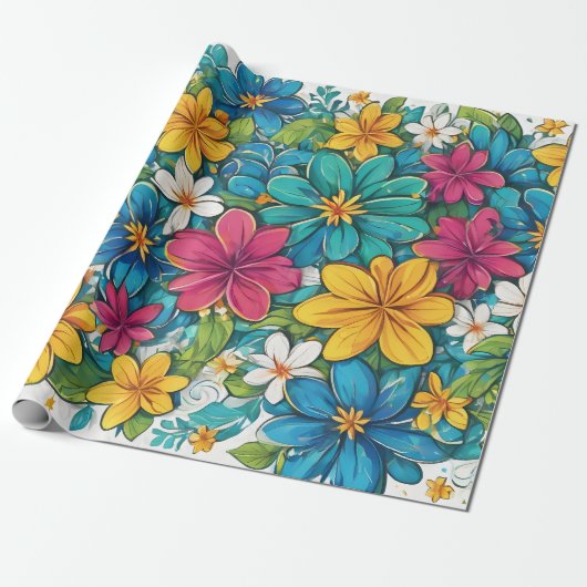 美しい明るい花鮮やか柄 ラッピングペーパー (アンロールド)