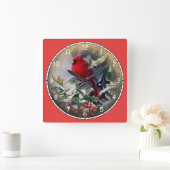 美しい明るい赤の(鳥)ショウジョウコウカンチョウ スクエア壁時計 (ホーム)