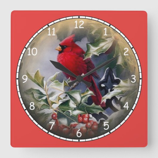 美しい明るい赤の(鳥)ショウジョウコウカンチョウ スクエア壁時計 (正面)