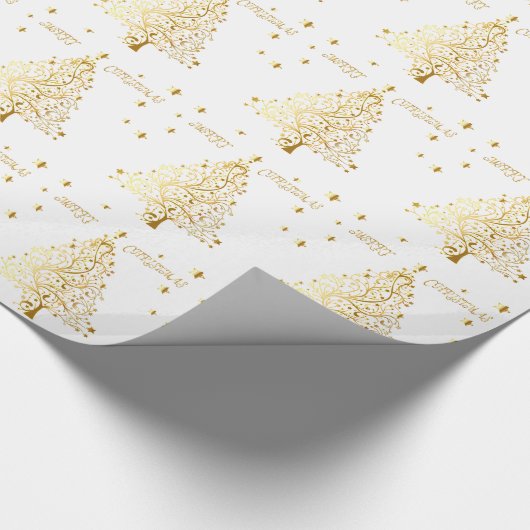 美しい星明かりの金属金ゴールドのクリスマスツリー ラッピングペーパー (角)