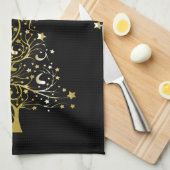 美しい星空の金属金ゴールドクリスマスツリー キッチンタオル (四つ折り)