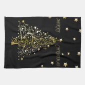美しい星空の金属金ゴールドクリスマスツリー キッチンタオル (横)