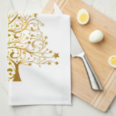 美しい星空の金属金ゴールドクリスマスツリー キッチンタオル (四つ折り)