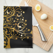 美しい星空の金属金ゴールドクリスマスツリー キッチンタオル (四つ折り)