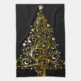 美しい星空の金属金ゴールドクリスマスツリー キッチンタオル