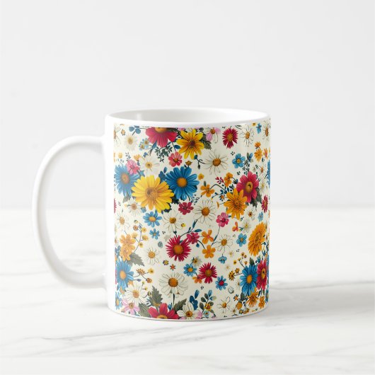 美しい春のカラフルなおしゃれな野の花 コーヒーマグカップ (左)