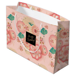 美しい春の桃園の花の誕生日 ラージペーパーバッグ